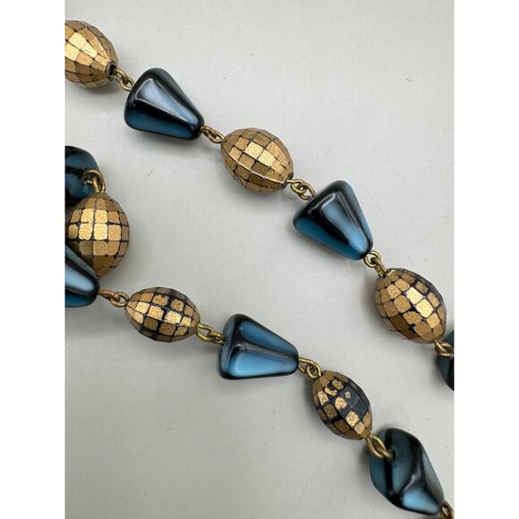 Vintage West Germany Two Strand Gold and Blue Bead Necklace - Picture 13 of 13